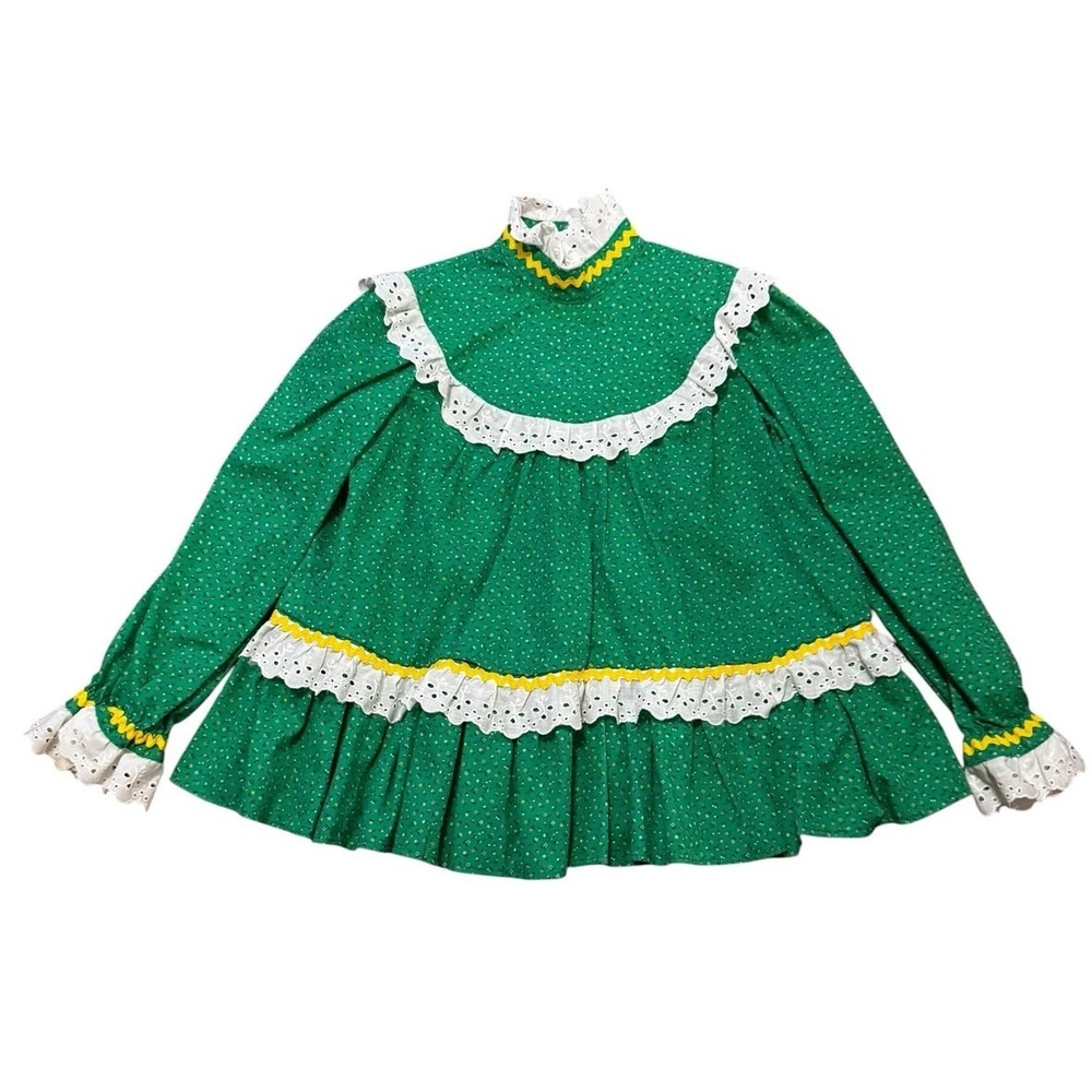 Vintage Handmade Prairie Blouse Green Floral Lace Girls Top 6 / 7